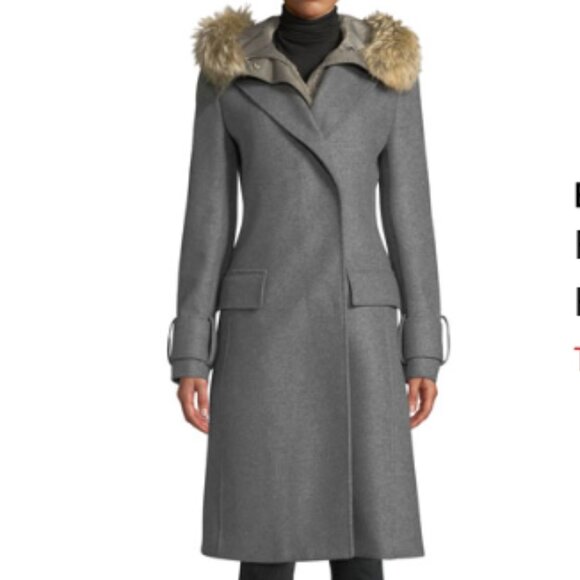 BELSTAFF ENGLAND WOMEN'S GRAY VIRGIN WOOL COAT REMOVABLE FUR COLLAR ITALY - Picture 4 of 16